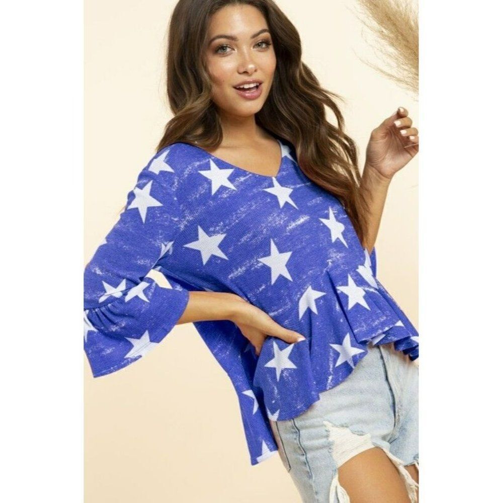SALE! Blue Buttercup Clothing Star Spangled Ruffle Top Patriotic KT80670-01